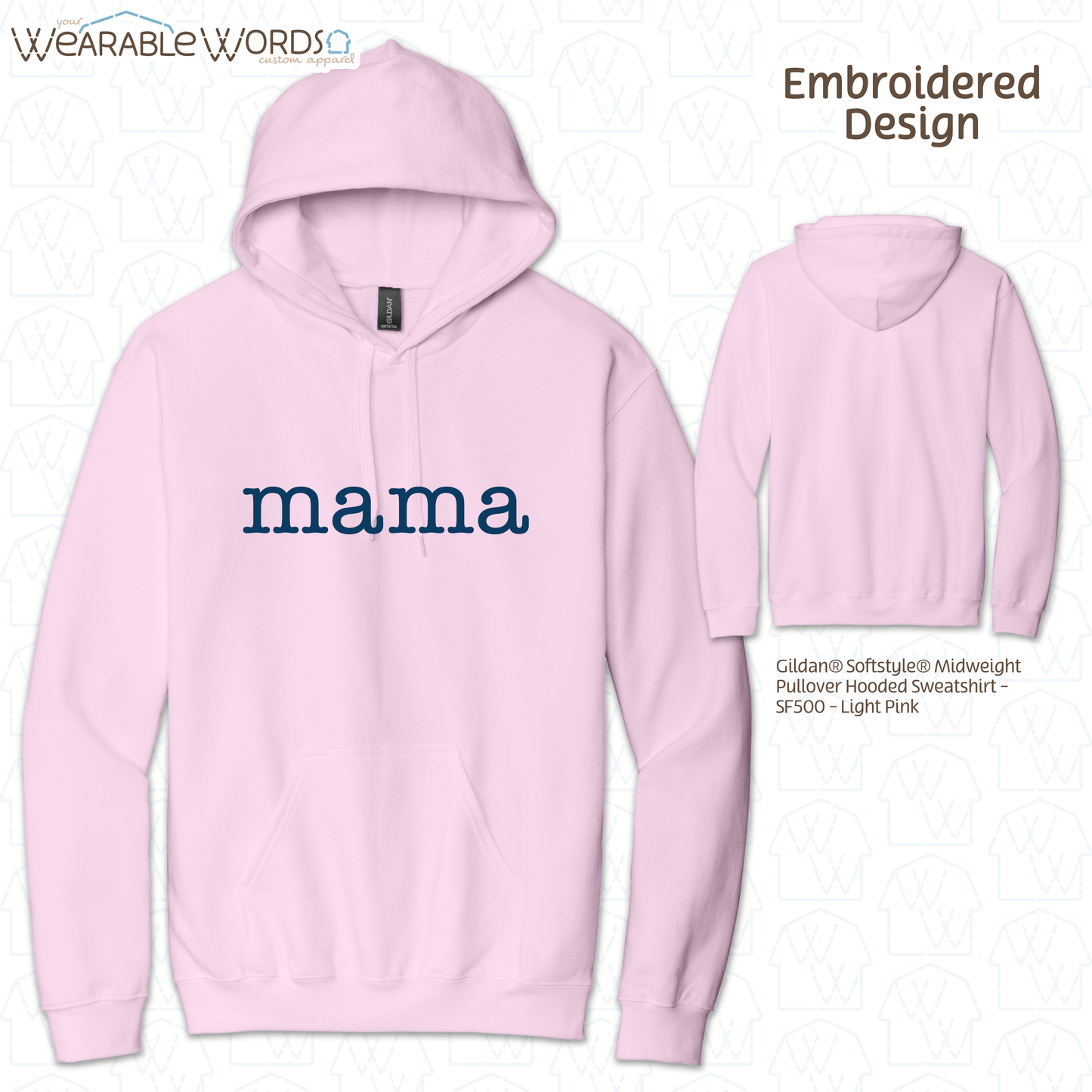 Mama Blue Typerwriter Embroidery Hoodie | White, Blue, Pink, or Tan Sweatshirt