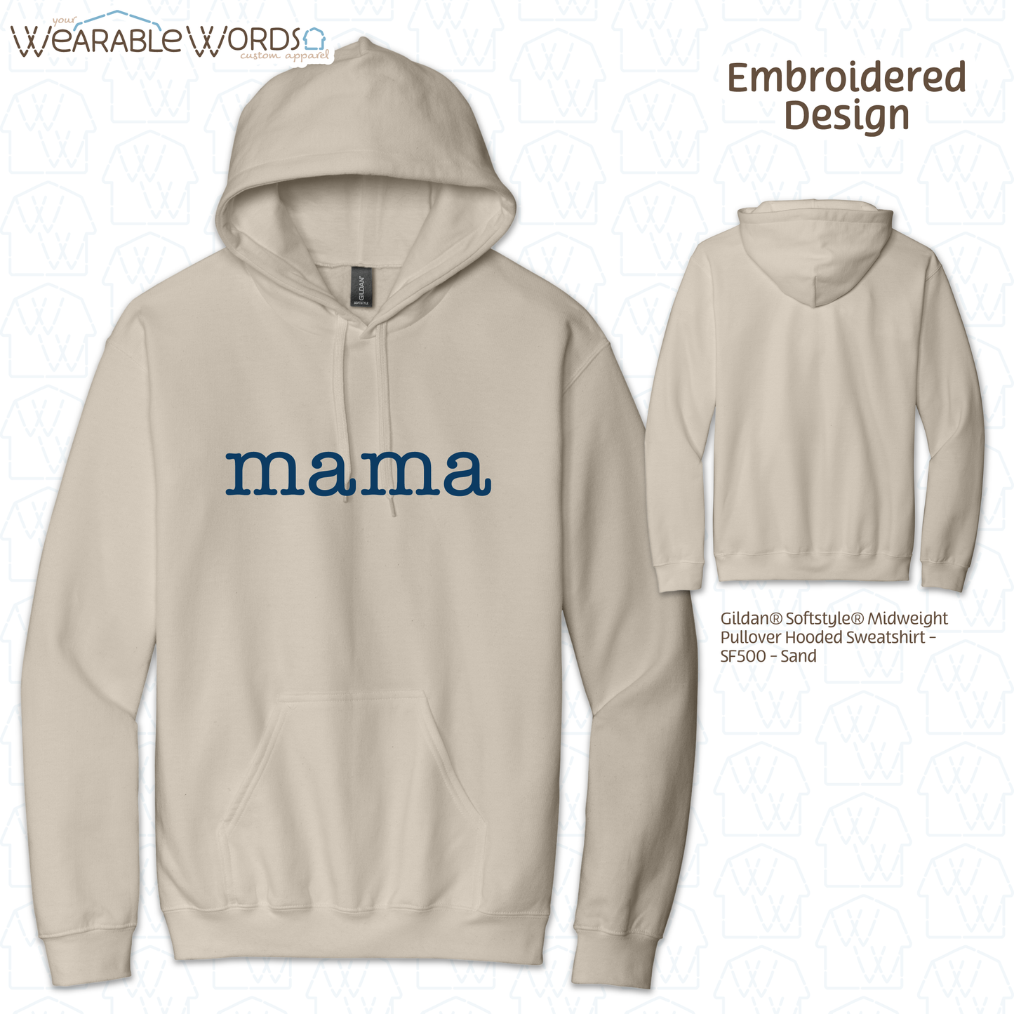 Mama Blue Typerwriter Embroidery Hoodie | White, Blue, Pink, or Tan Sweatshirt