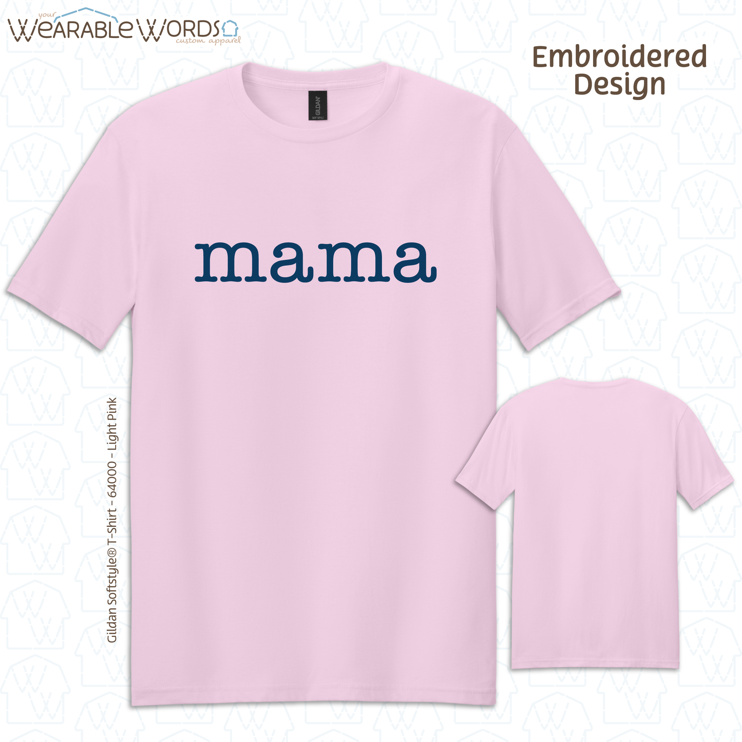 Mama Blue Typerwriter Embroidery Tee | White, Blue, Pink, or Tan T-Shirt