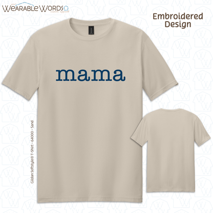 Mama Blue Typerwriter Embroidery Tee | White, Blue, Pink, or Tan T-Shirt