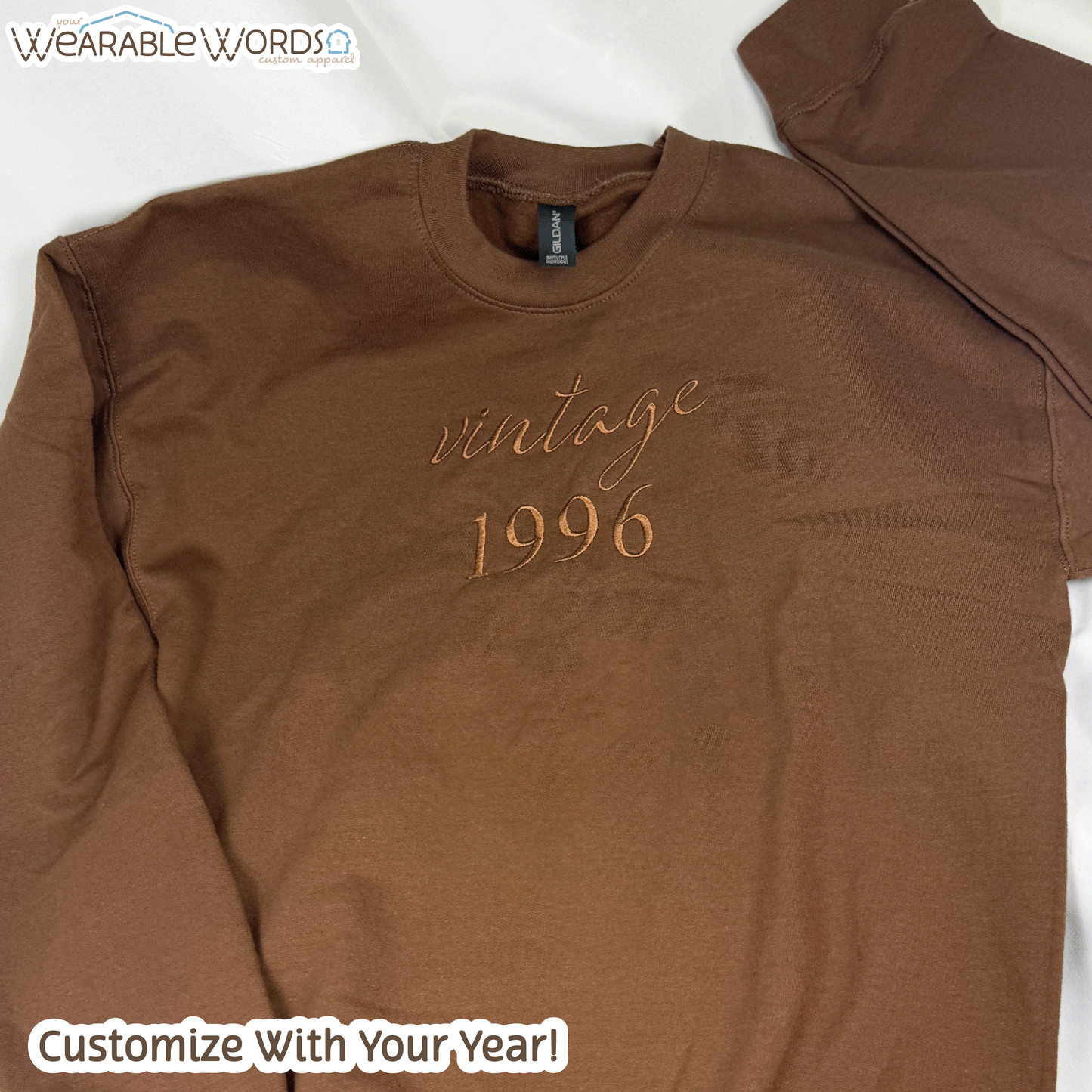 Customizable Vintage Year Crewneck | Embroidered Brown Sweatshirt