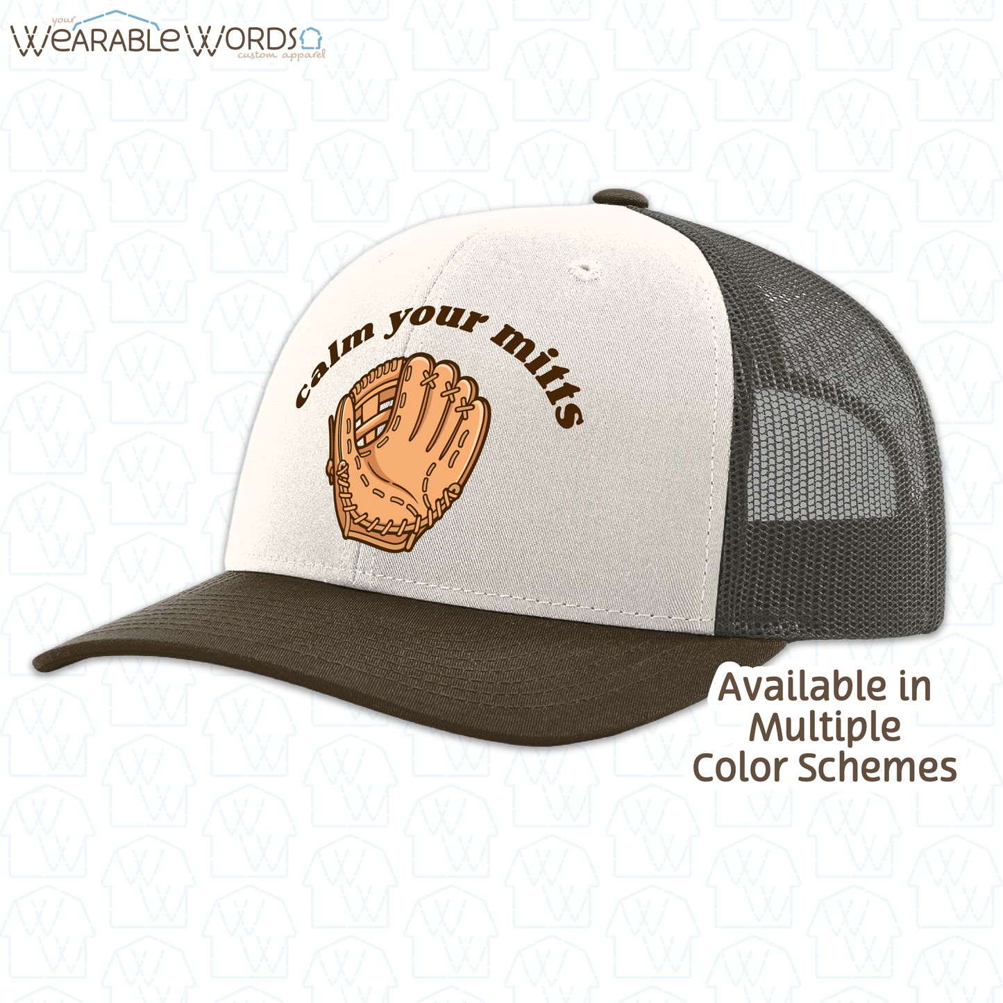 Calm Your Mitts Graphic Hat | Cute Baseball Softball Glove Mitt Print | Unisex Mesh Snapback