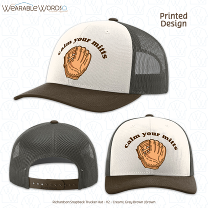 Calm Your Mitts Graphic Hat | Cute Baseball Softball Glove Mitt Print | Unisex Mesh Snapback
