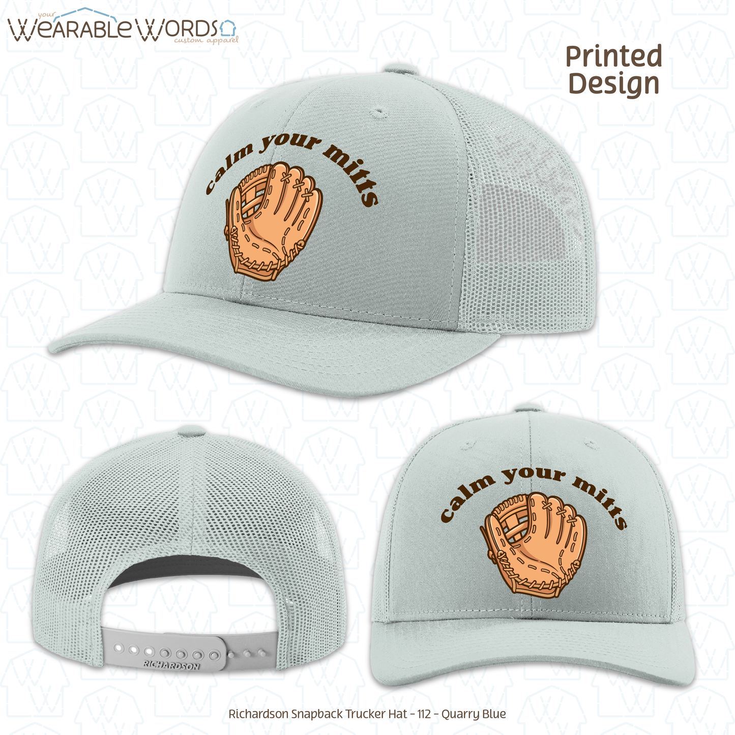 Calm Your Mitts Graphic Hat | Cute Baseball Softball Glove Mitt Print | Unisex Mesh Snapback