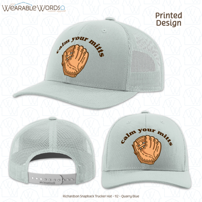 Calm Your Mitts Graphic Hat | Cute Baseball Softball Glove Mitt Print | Unisex Mesh Snapback
