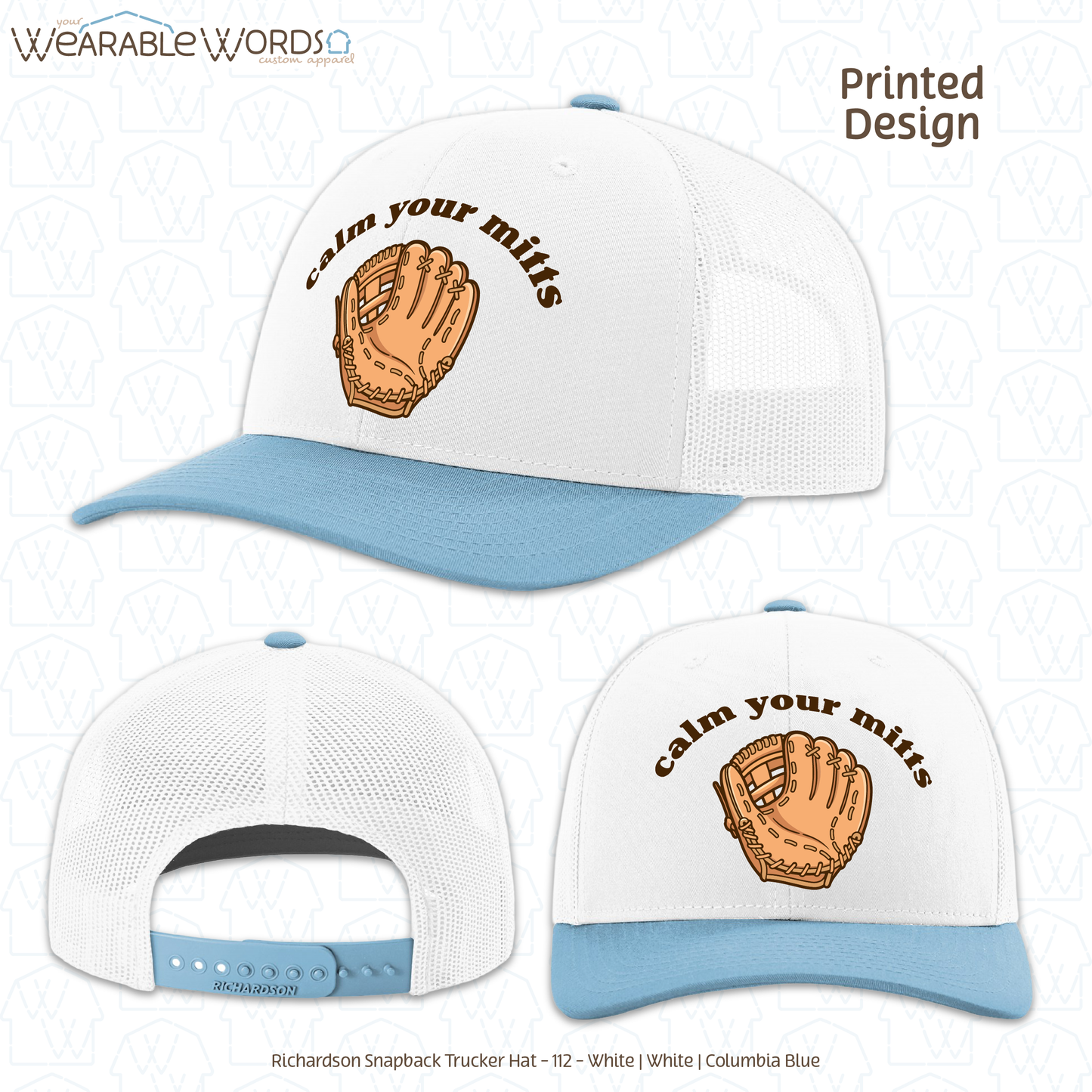 Calm Your Mitts Graphic Hat | Cute Baseball Softball Glove Mitt Print | Unisex Mesh Snapback