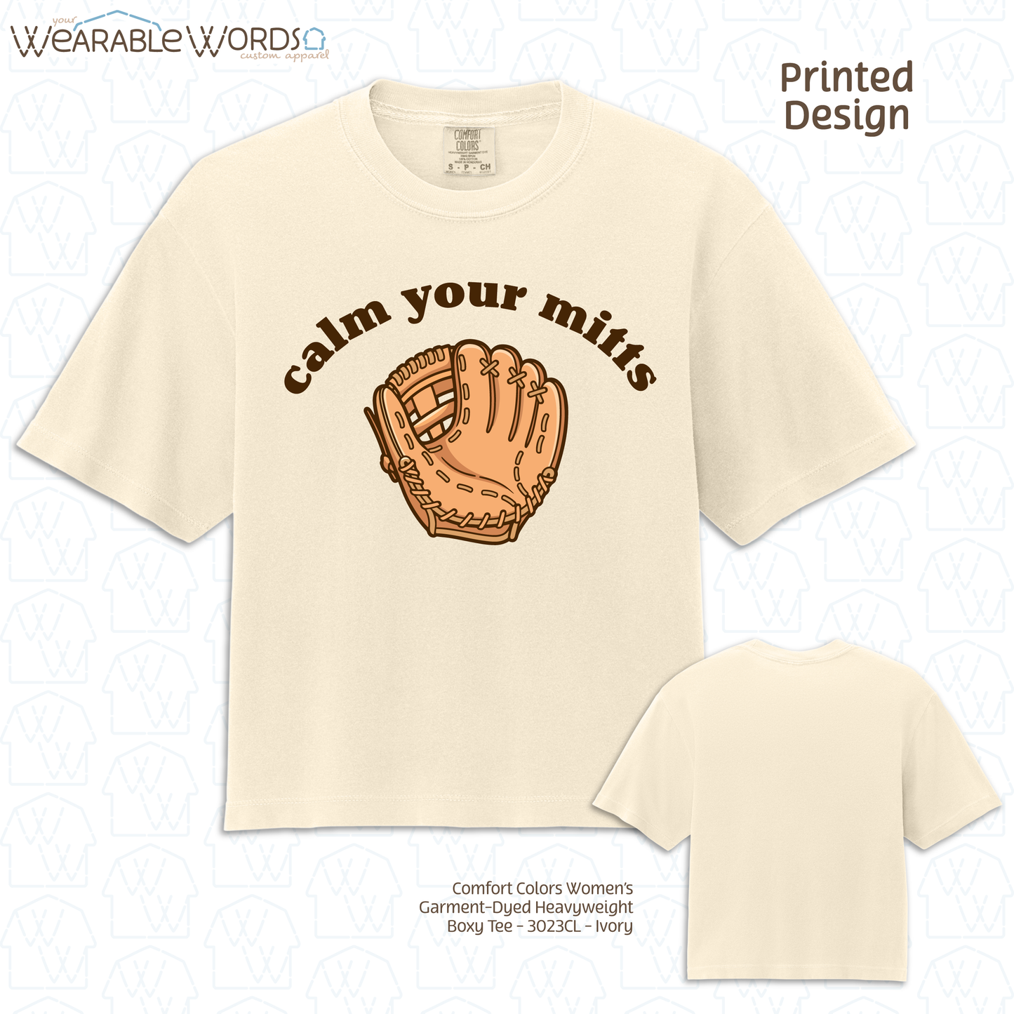 Calm Your Mitts Graphic Tee | Cute Baseball Softball Glove Mitt Print | Women's Boxy T-Shirt