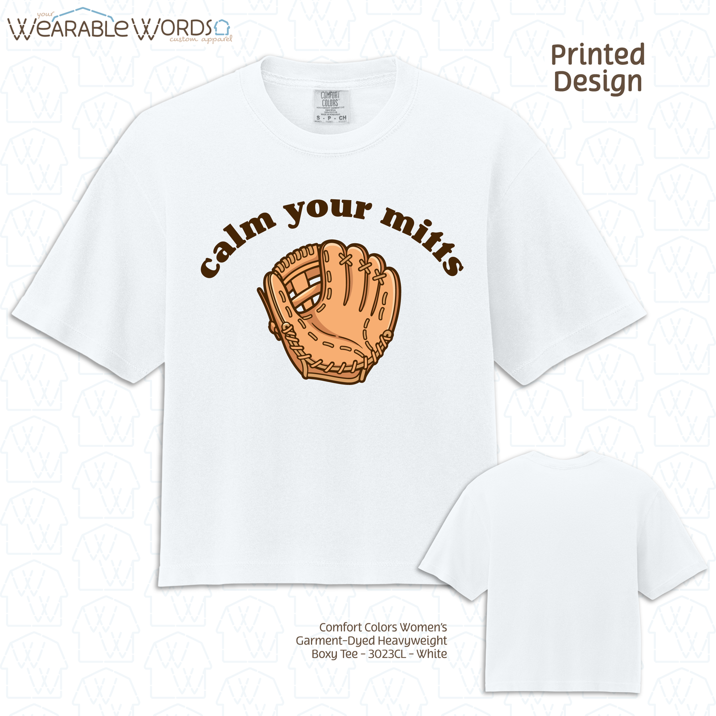 Calm Your Mitts Graphic Tee | Cute Baseball Softball Glove Mitt Print | Women's Boxy T-Shirt