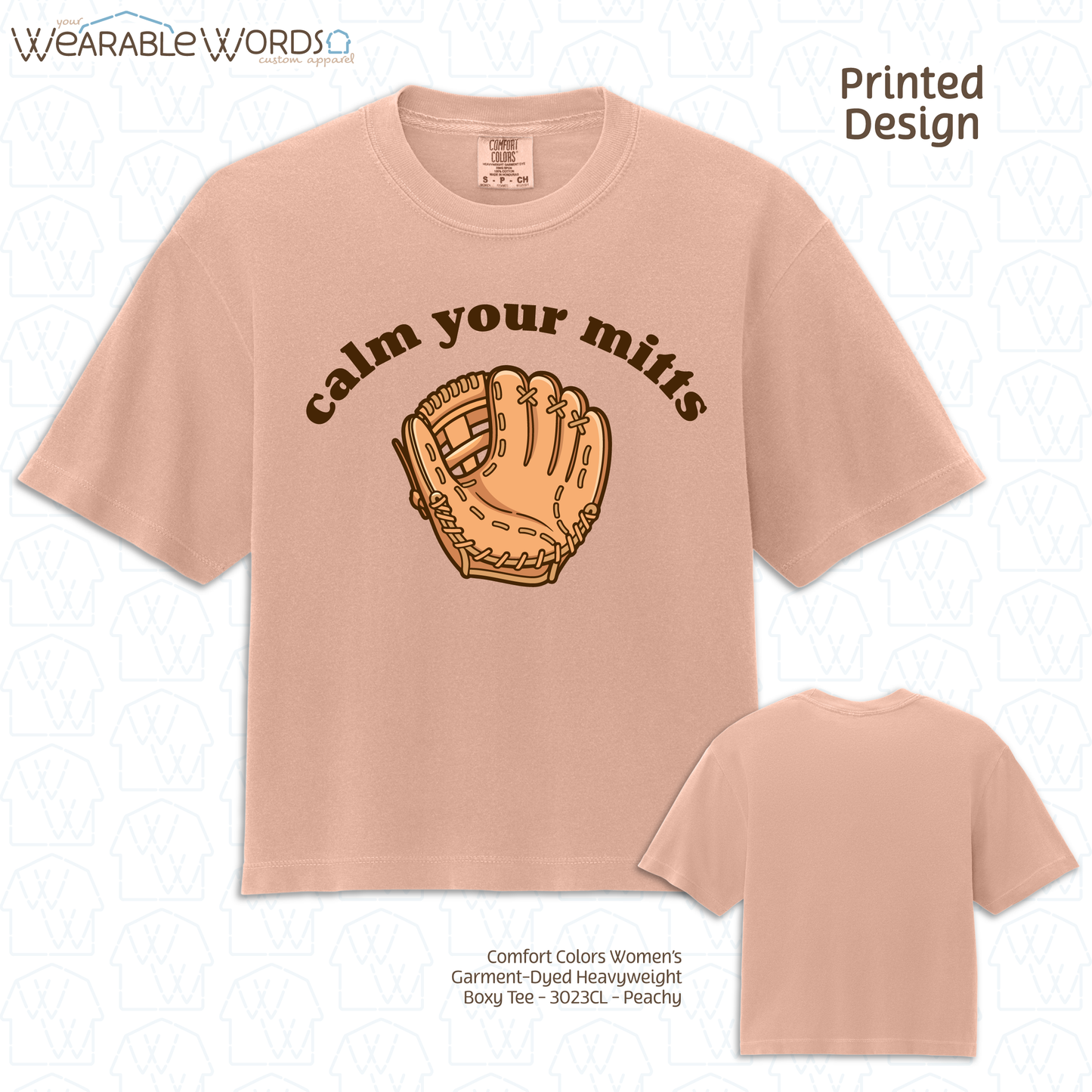 Calm Your Mitts Graphic Tee | Cute Baseball Softball Glove Mitt Print | Women's Boxy T-Shirt