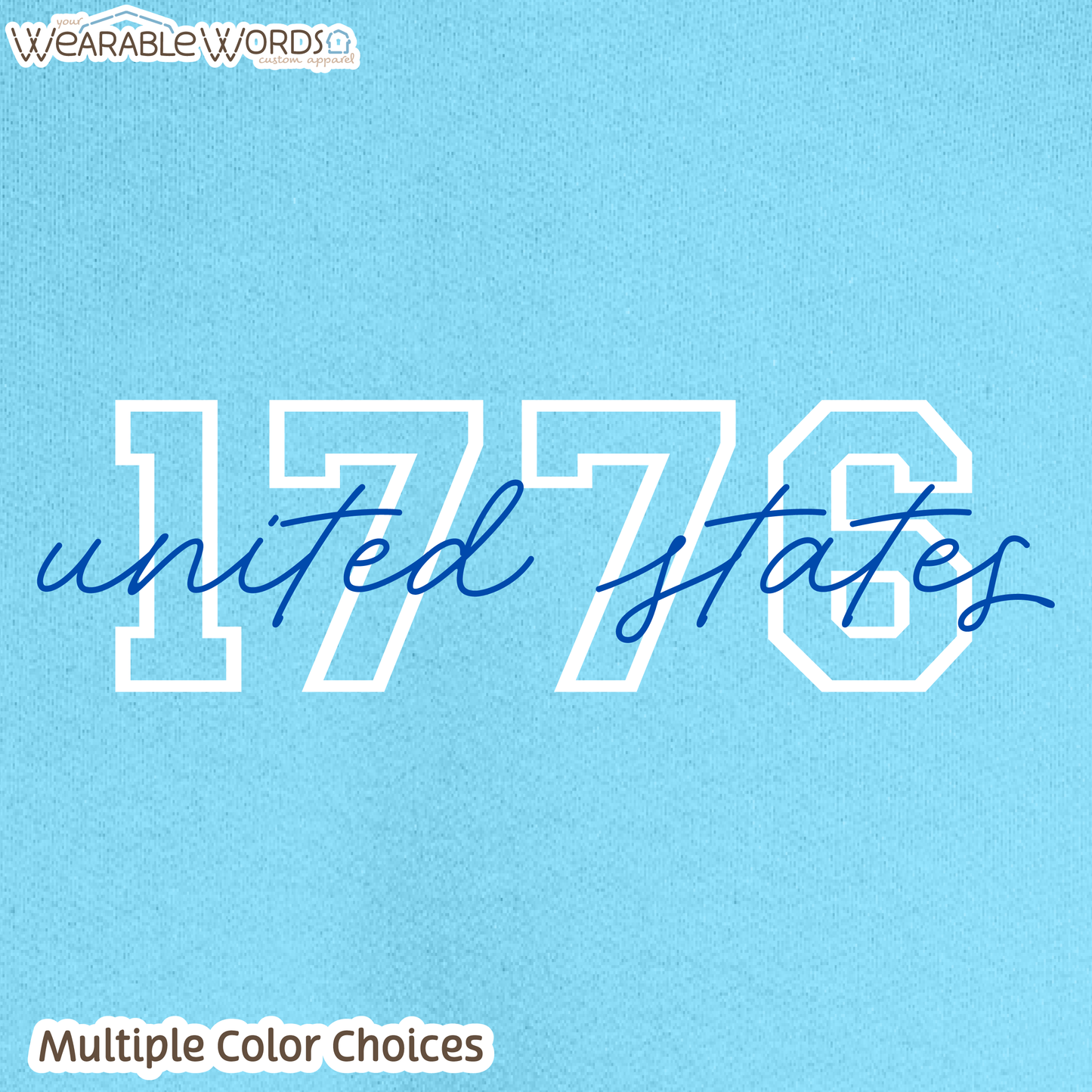 1776 United States Graphic Crewneck | Collegiate Cursive Blue & White Print | Unisex Sweatshirt