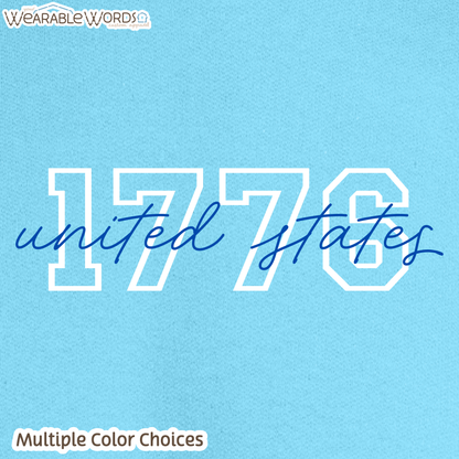 1776 United States Graphic Crewneck | Collegiate Cursive Blue & White Print | Unisex Sweatshirt