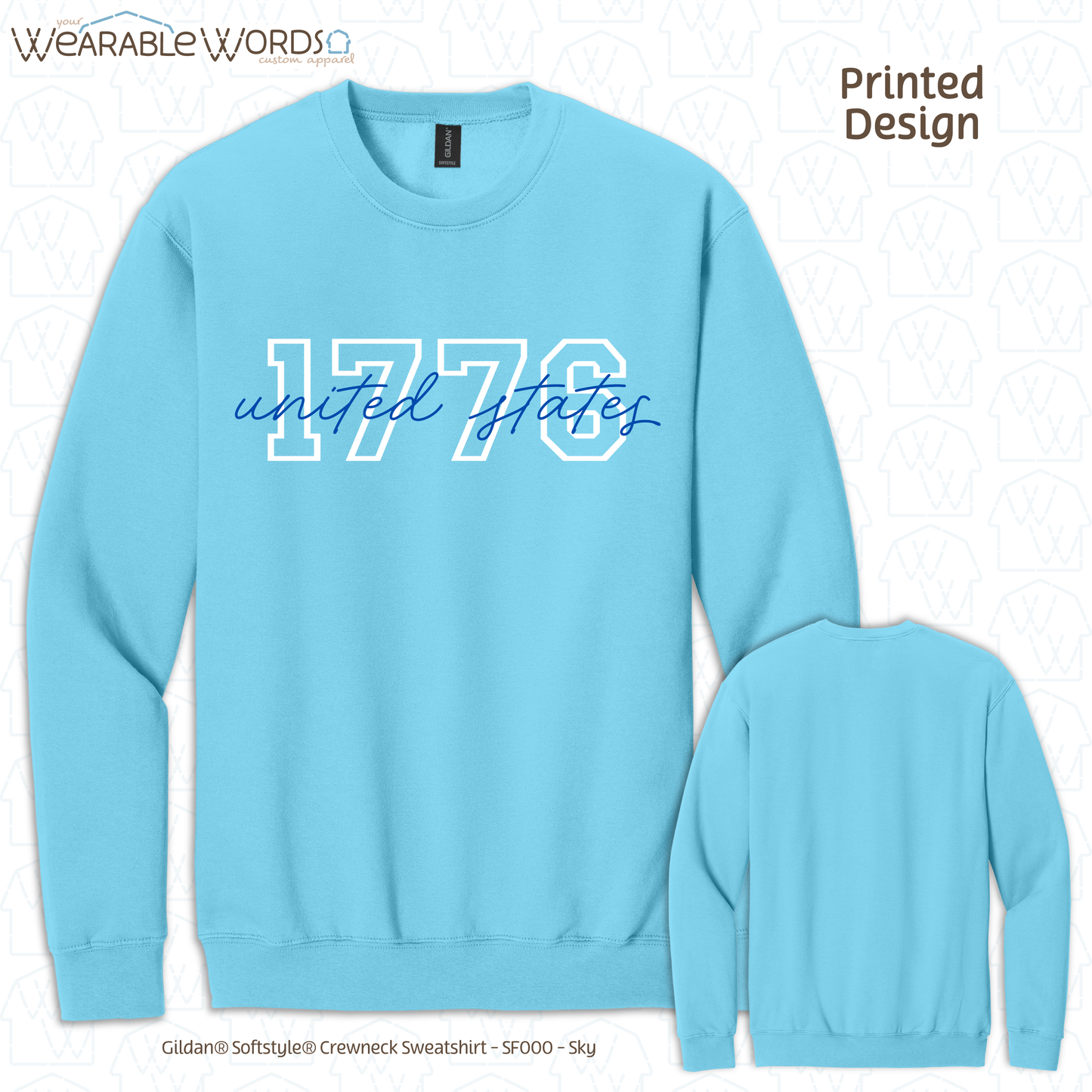 1776 United States Graphic Crewneck | Collegiate Cursive Blue & White Print | Unisex Sweatshirt