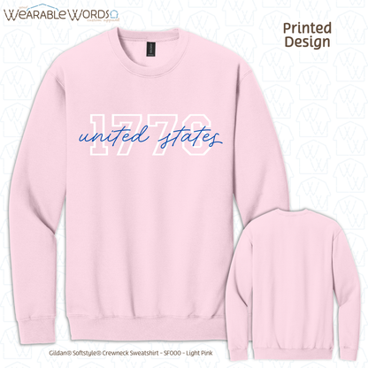1776 United States Graphic Crewneck | Collegiate Cursive Blue & White Print | Unisex Sweatshirt