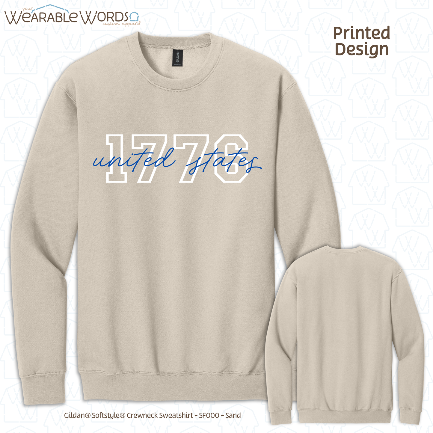 1776 United States Graphic Crewneck | Collegiate Cursive Blue & White Print | Unisex Sweatshirt