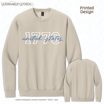 1776 United States Graphic Crewneck | Collegiate Cursive Blue & White Print | Unisex Sweatshirt