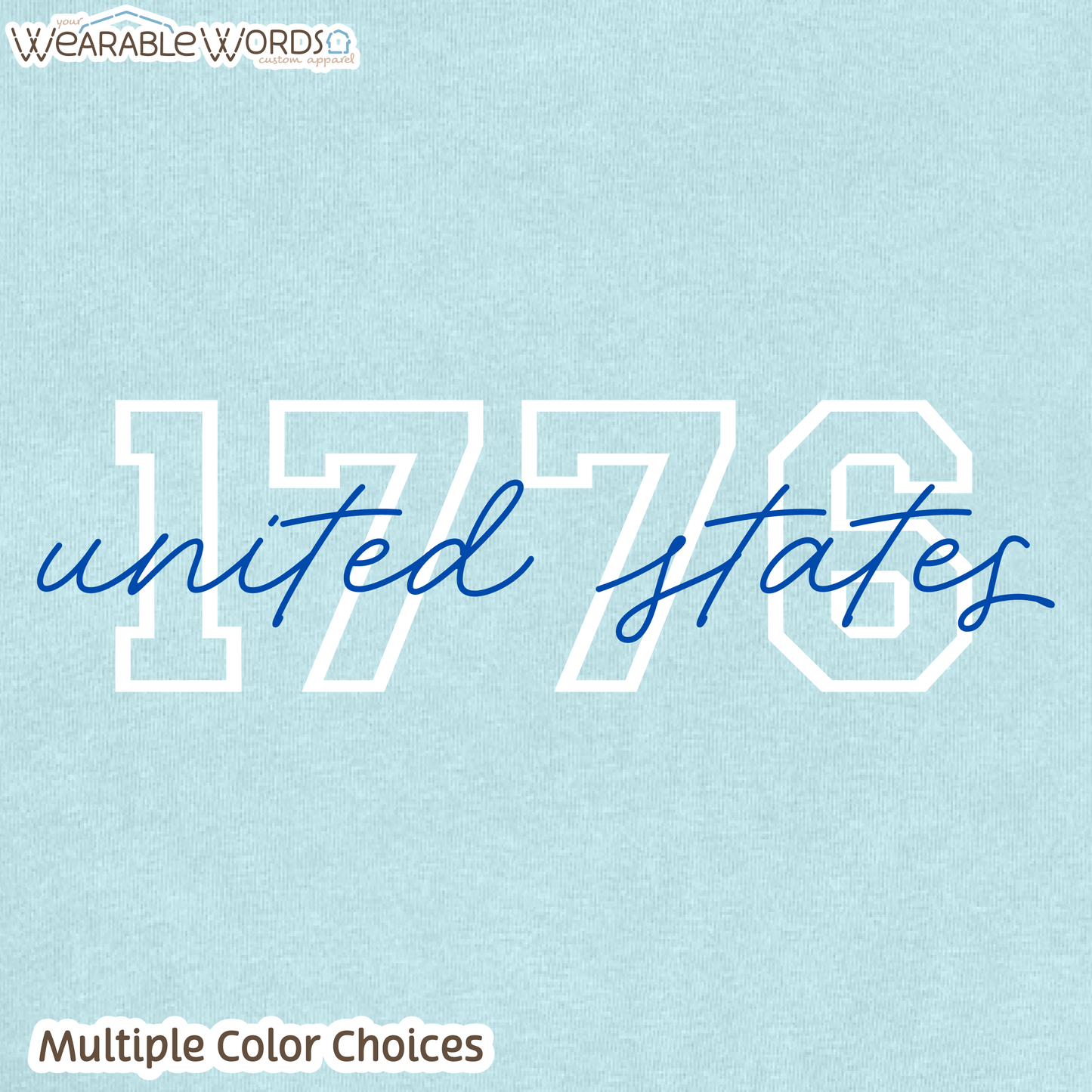 1776 United States Graphic Tee | Collegiate Cursive Blue & White Print | Women's Boxy T-Shirt