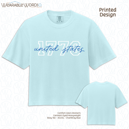 1776 United States Graphic Tee | Collegiate Cursive Blue & White Print | Women's Boxy T-Shirt