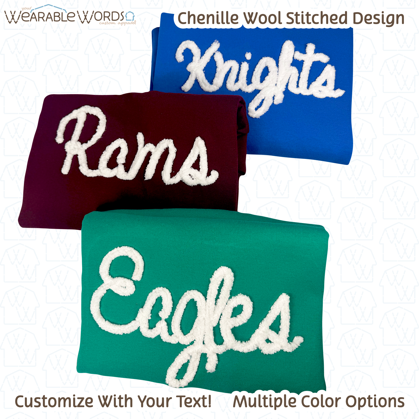 Customizable Chenille Wool Stitched Message | Embroidered Crewneck Sweatshirt | Blue, Green, Maroon, Black, Grey