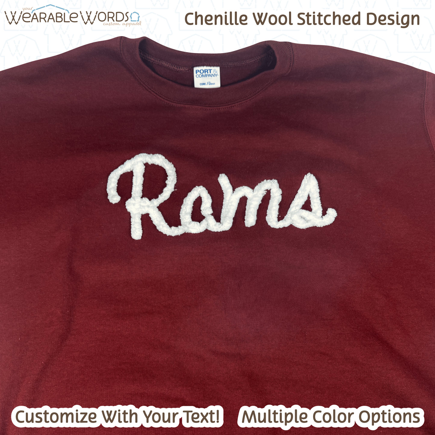 Customizable Chenille Wool Stitched Message | Embroidered Crewneck Sweatshirt | Blue, Green, Maroon, Black, Grey