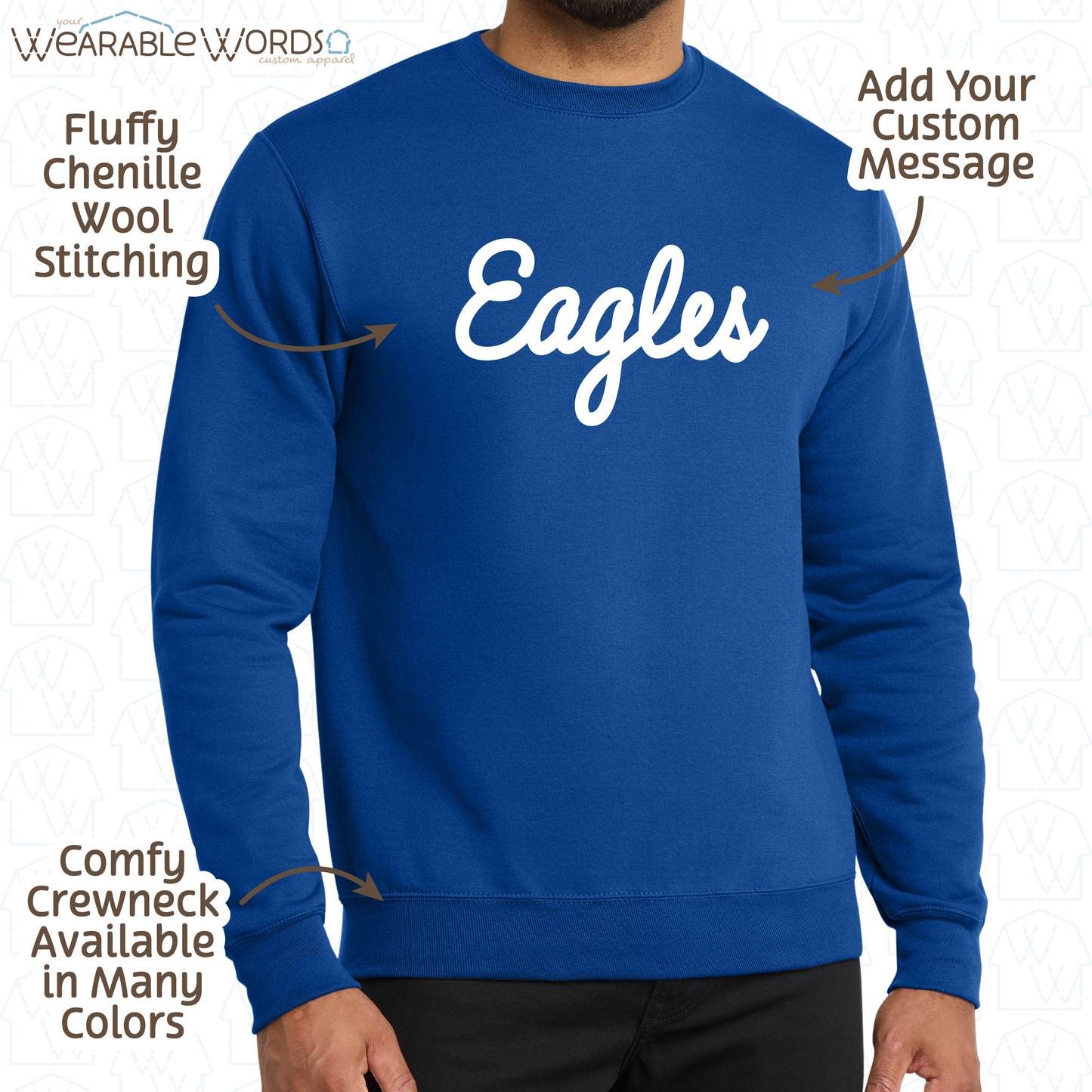 Customizable Chenille Wool Stitched Message | Embroidered Crewneck Sweatshirt | Blue, Green, Maroon, Black, Grey