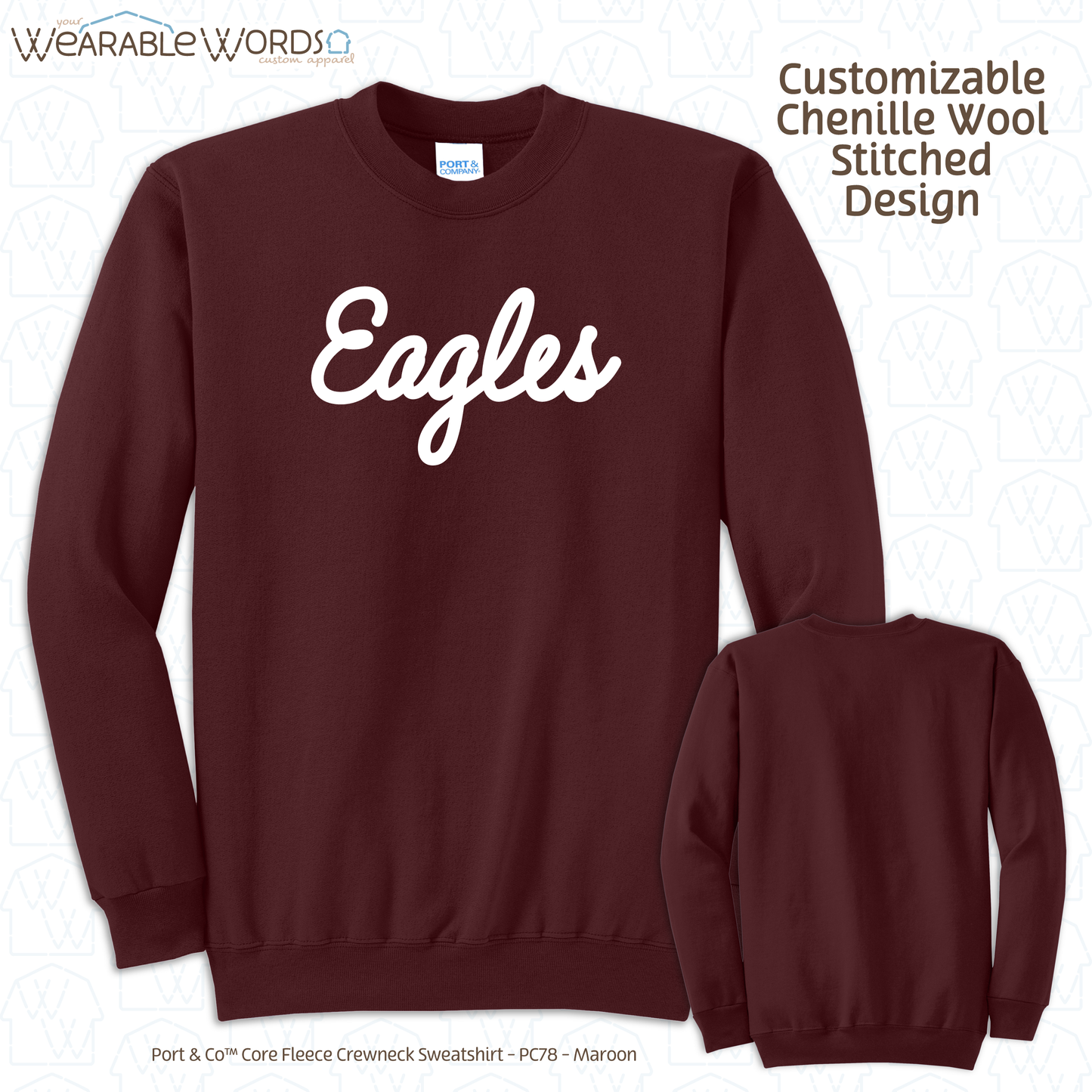 Customizable Chenille Wool Stitched Message | Embroidered Crewneck Sweatshirt | Blue, Green, Maroon, Black, Grey