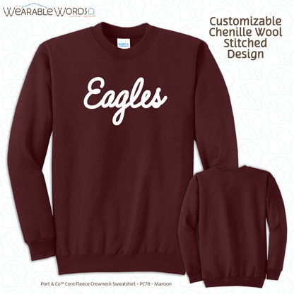 Customizable Chenille Wool Stitched Message | Embroidered Crewneck Sweatshirt | Blue, Green, Maroon, Black, Grey