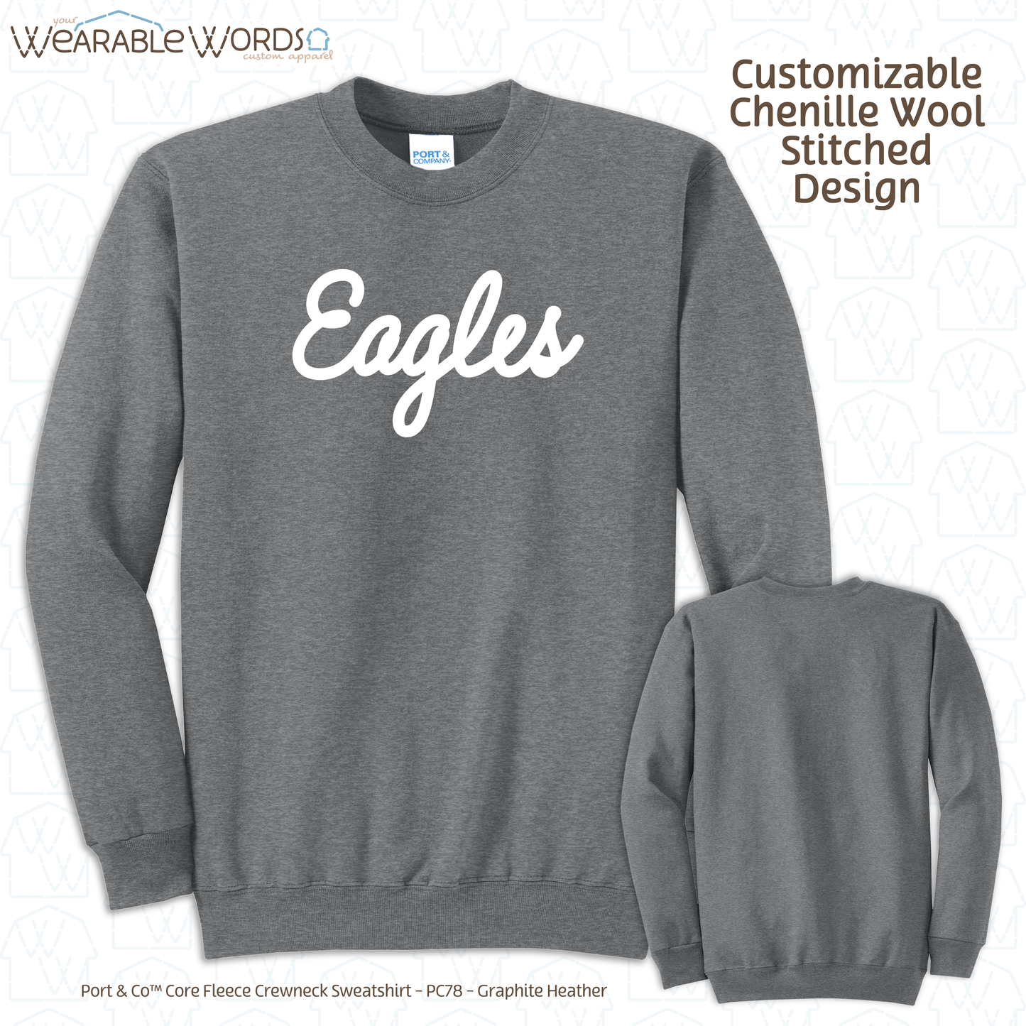 Customizable Chenille Wool Stitched Message | Embroidered Crewneck Sweatshirt | Blue, Green, Maroon, Black, Grey