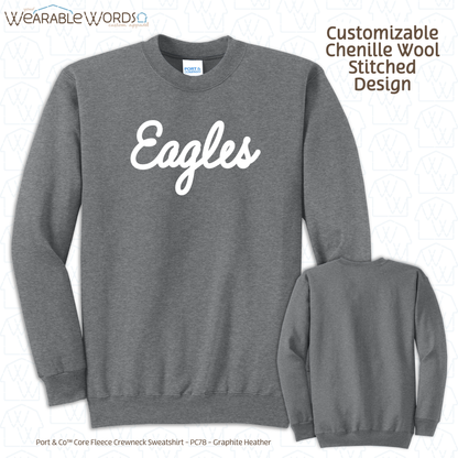 Customizable Chenille Wool Stitched Message | Embroidered Crewneck Sweatshirt | Blue, Green, Maroon, Black, Grey