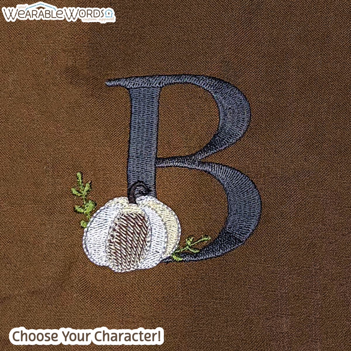 Custom Character Pumpkin Double-Sided Handmade Door & Wreath Sash | Brown Fall Pattern Cotton Fabric with Embroidered Lettering