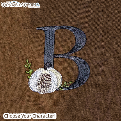 Custom Character Pumpkin Double-Sided Handmade Door & Wreath Sash | Brown Fall Pattern Cotton Fabric with Embroidered Lettering