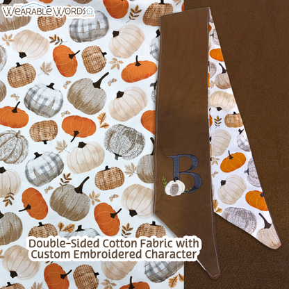 Custom Character Pumpkin Double-Sided Handmade Door & Wreath Sash | Brown Fall Pattern Cotton Fabric with Embroidered Lettering