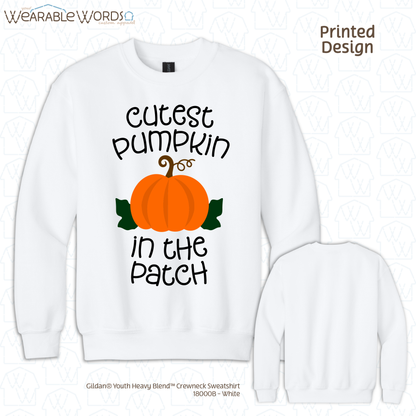 Cutest Pumpkin In The Patch Kids Graphic Crewneck | Cute Orange Autumn Fall Children's Print | Unisex Youth Sweatshirt