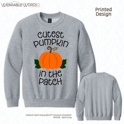 Cutest Pumpkin In The Patch Kids Graphic Crewneck | Cute Orange Autumn Fall Children's Print | Unisex Youth Sweatshirt