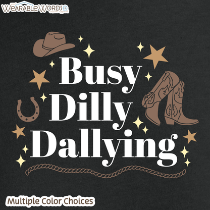 Busy Dilly Dallying Crop Top | Brown Western Cowboy Print | Black, Navy, or Tan Women's Graphic Tee