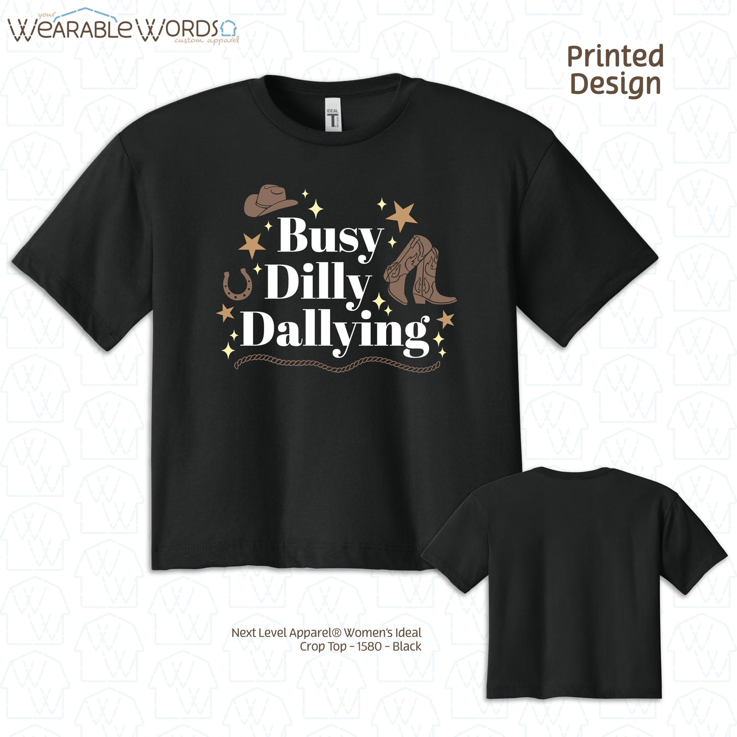 Busy Dilly Dallying Crop Top | Brown Western Cowboy Print | Black, Navy, or Tan Women's Graphic Tee