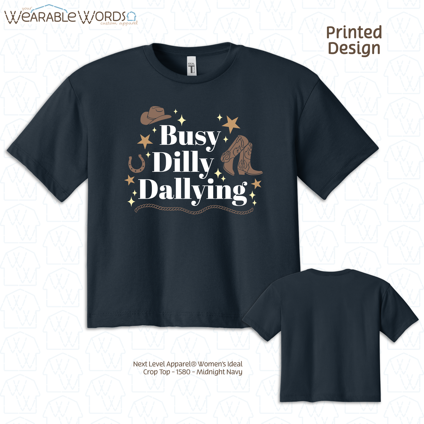Busy Dilly Dallying Crop Top | Brown Western Cowboy Print | Black, Navy, or Tan Women's Graphic Tee