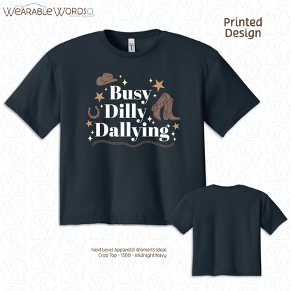 Busy Dilly Dallying Crop Top | Brown Western Cowboy Print | Black, Navy, or Tan Women's Graphic Tee