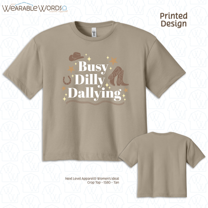 Busy Dilly Dallying Crop Top | Brown Western Cowboy Print | Black, Navy, or Tan Women's Graphic Tee