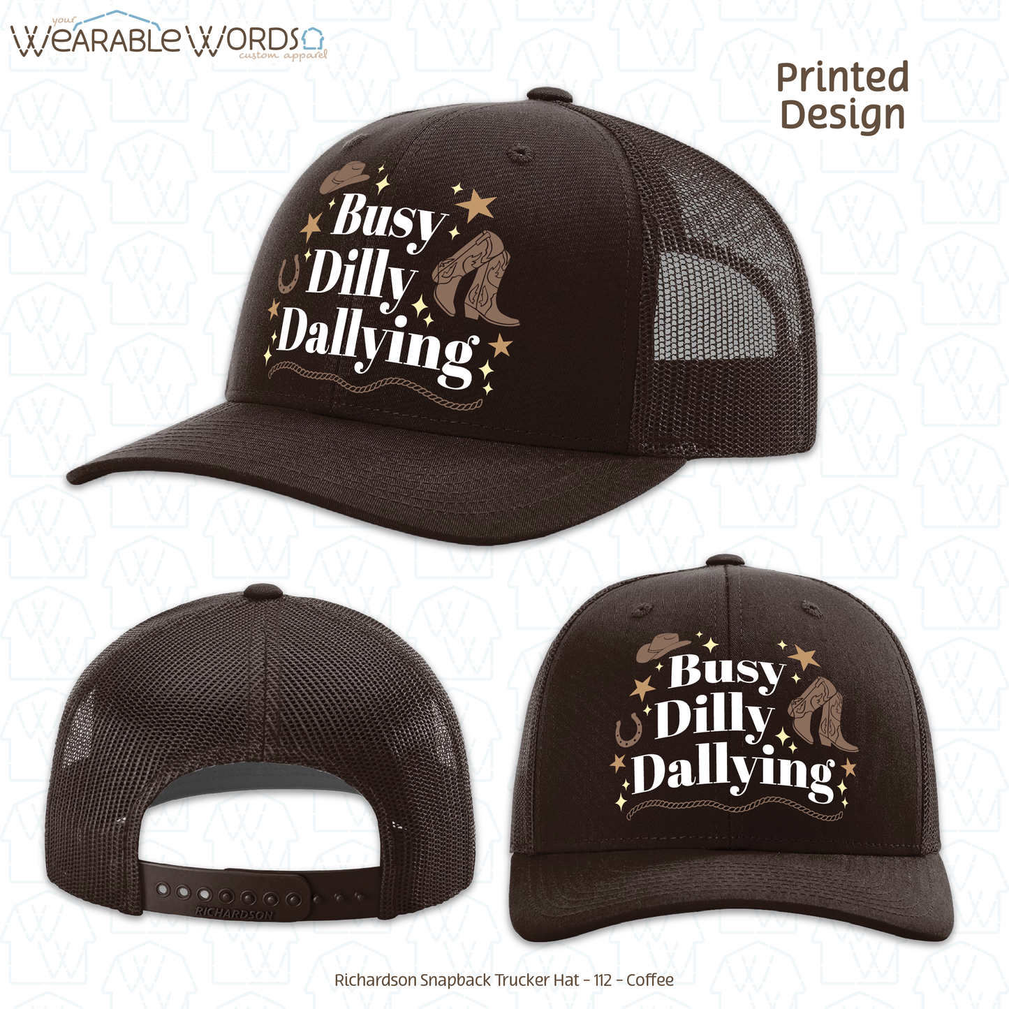 Busy Dilly Dallying Graphic Hat | Western Cowboy Cowgirl Sparkle Star Print | Unisex Mesh Snapback