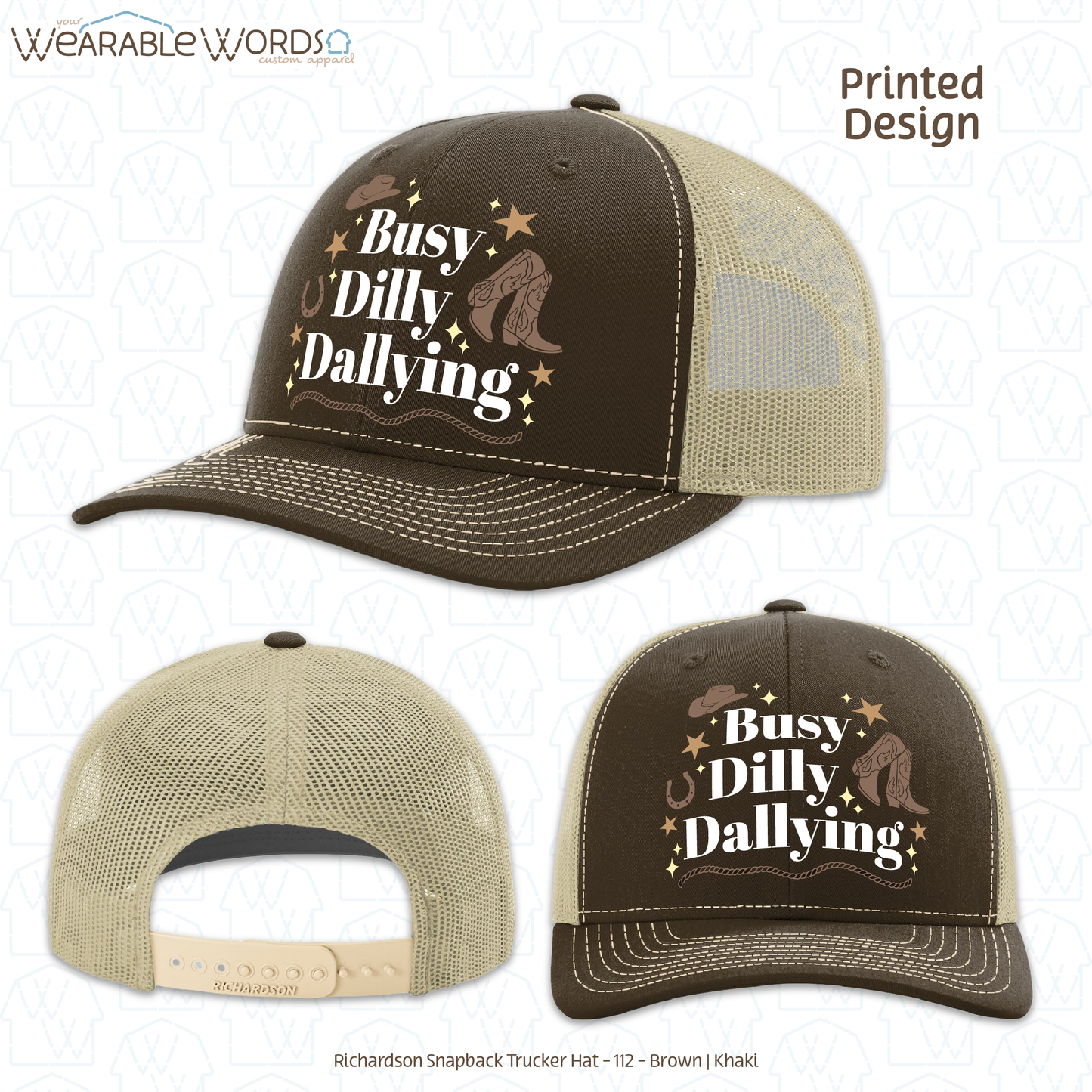 Busy Dilly Dallying Graphic Hat | Western Cowboy Cowgirl Sparkle Star Print | Unisex Mesh Snapback