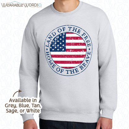 Land Of The Free Home Of The Brave Graphic Crewneck | Distressed American Flag Circle Print | Unisex Sweatshirt