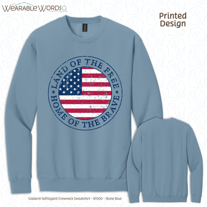 Land Of The Free Home Of The Brave Graphic Crewneck | Distressed American Flag Circle Print | Unisex Sweatshirt