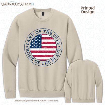 Land Of The Free Home Of The Brave Graphic Crewneck | Distressed American Flag Circle Print | Unisex Sweatshirt