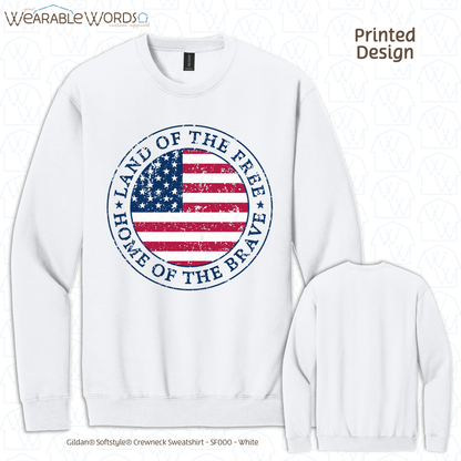 Land Of The Free Home Of The Brave Graphic Crewneck | Distressed American Flag Circle Print | Unisex Sweatshirt