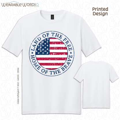 Land Of The Free Home Of The Brave Graphic Tee | Distressed American Flag Circle Print | Unisex T-Shirt