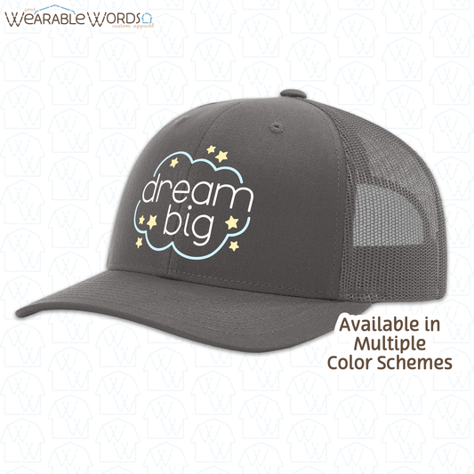 Dream Big Graphic Hat | Sleepy Pastel Cloud & Stars Print | Unisex Mesh Snapback