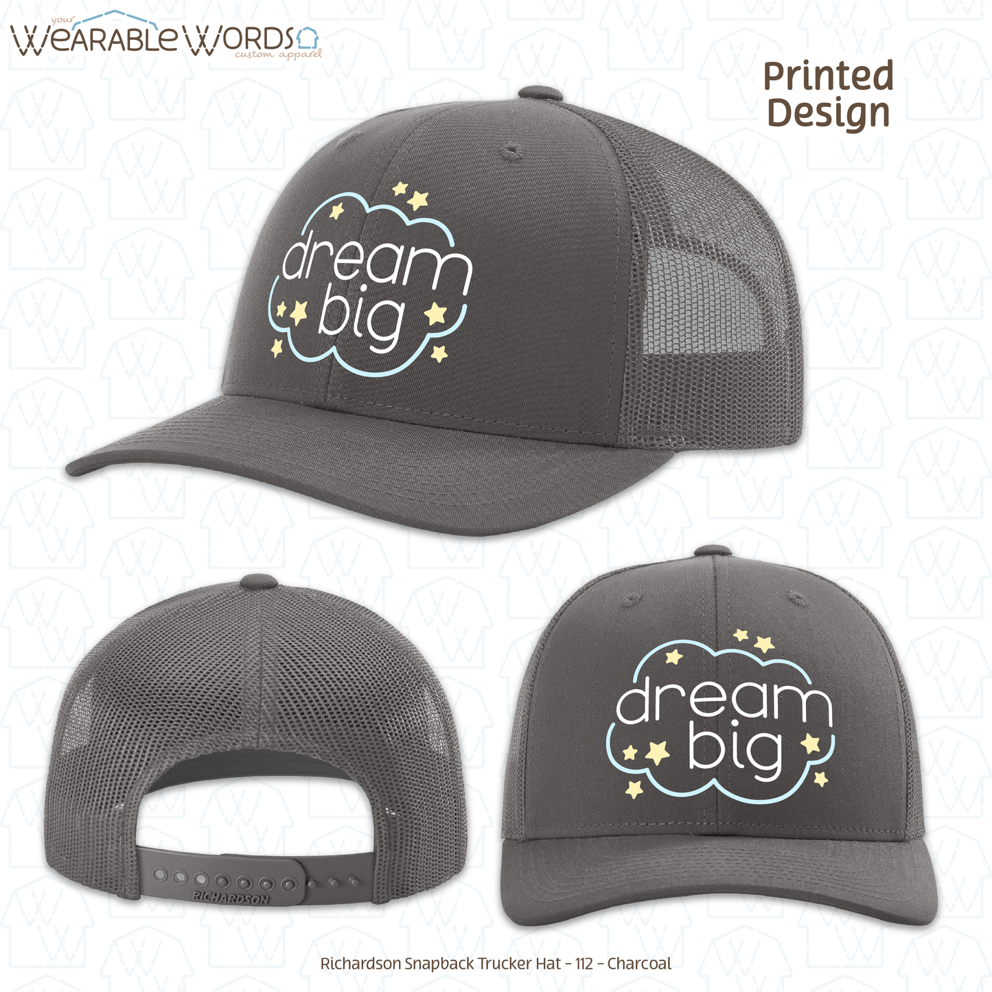 Dream Big Graphic Hat | Sleepy Pastel Cloud & Stars Print | Unisex Mesh Snapback
