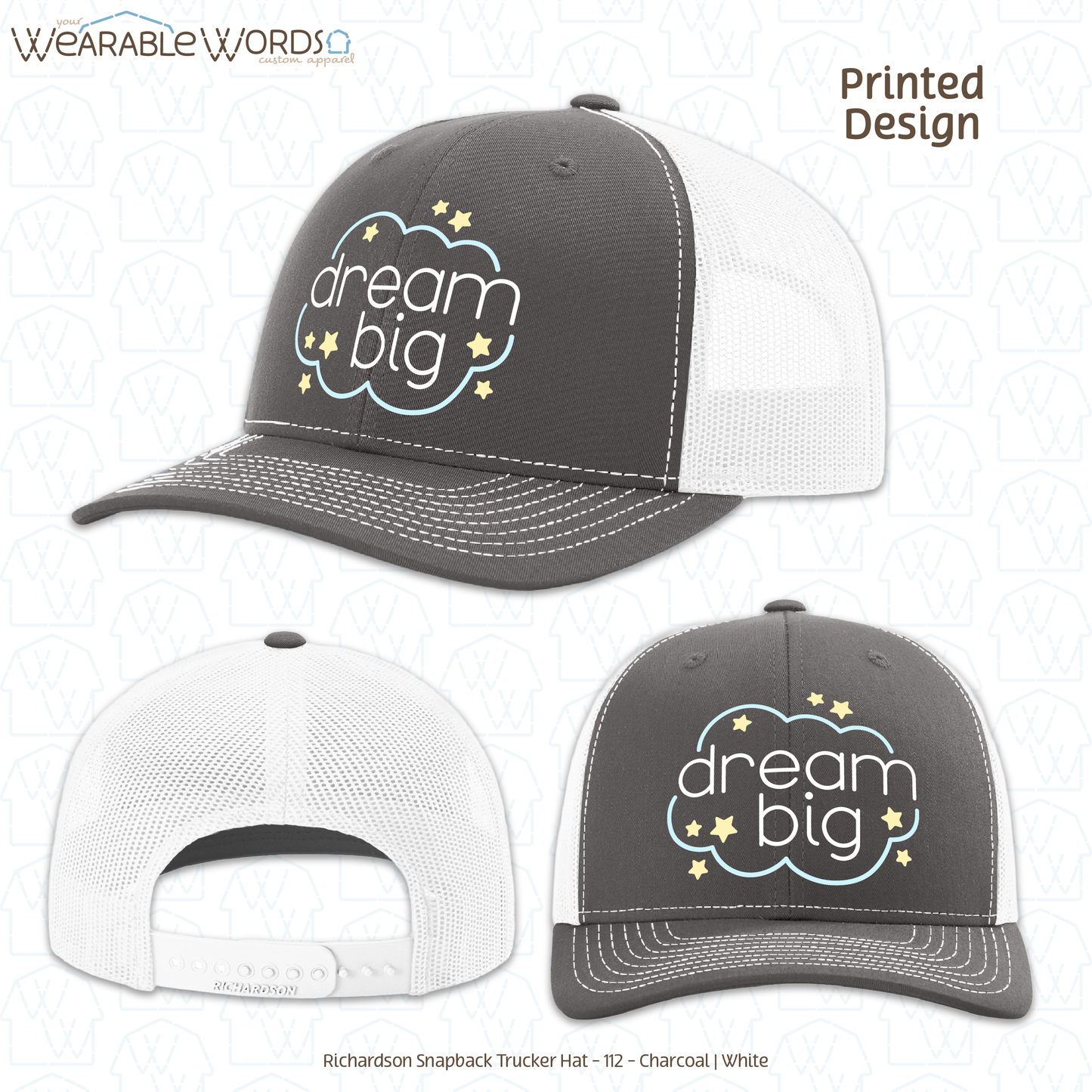 Dream Big Graphic Hat | Sleepy Pastel Cloud & Stars Print | Unisex Mesh Snapback
