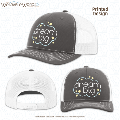 Dream Big Graphic Hat | Sleepy Pastel Cloud & Stars Print | Unisex Mesh Snapback