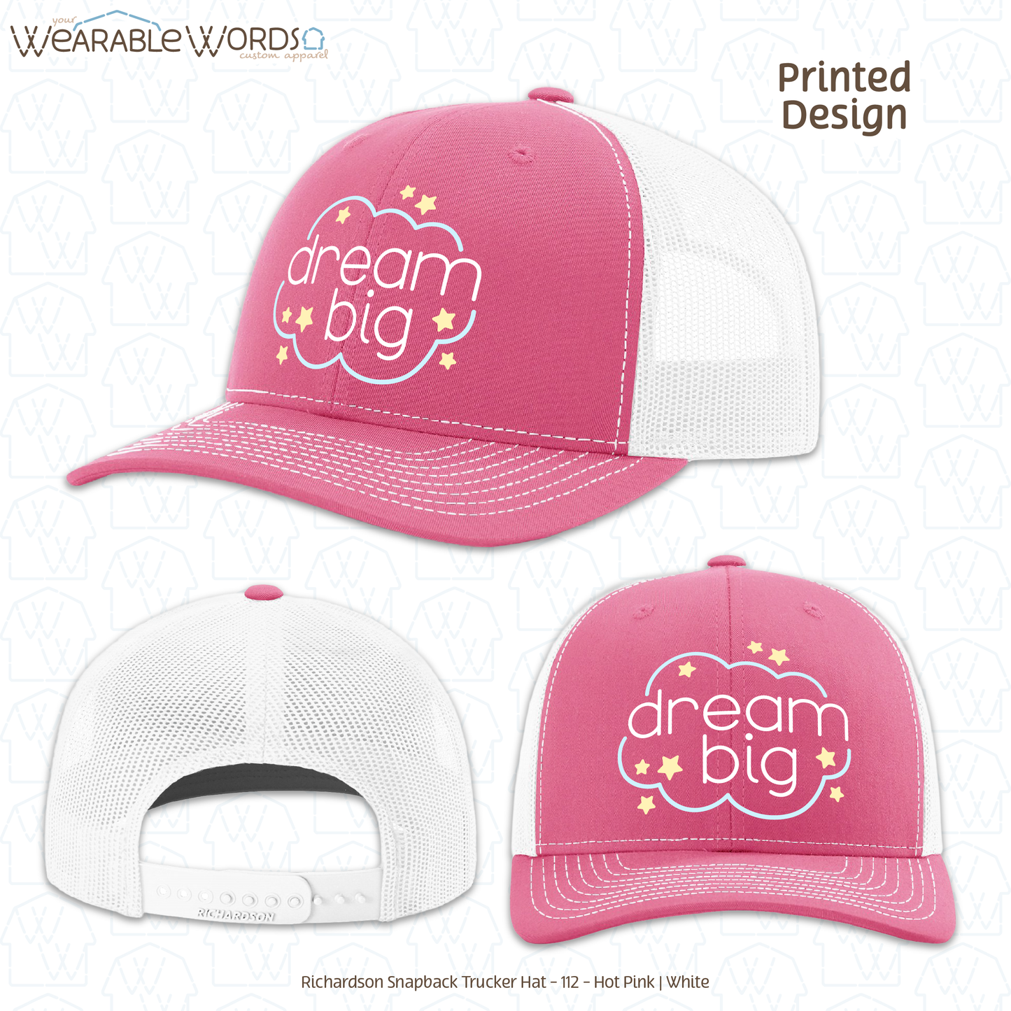 Dream Big Graphic Hat | Sleepy Pastel Cloud & Stars Print | Unisex Mesh Snapback